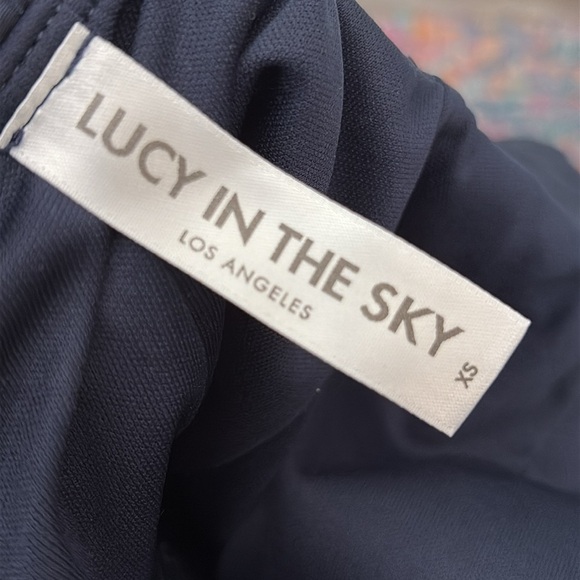 Lucy in the Sky Satin Fit and Flare Puff Sleeve Mini Dress Navy Tie Back XS - Picture 9 of 10